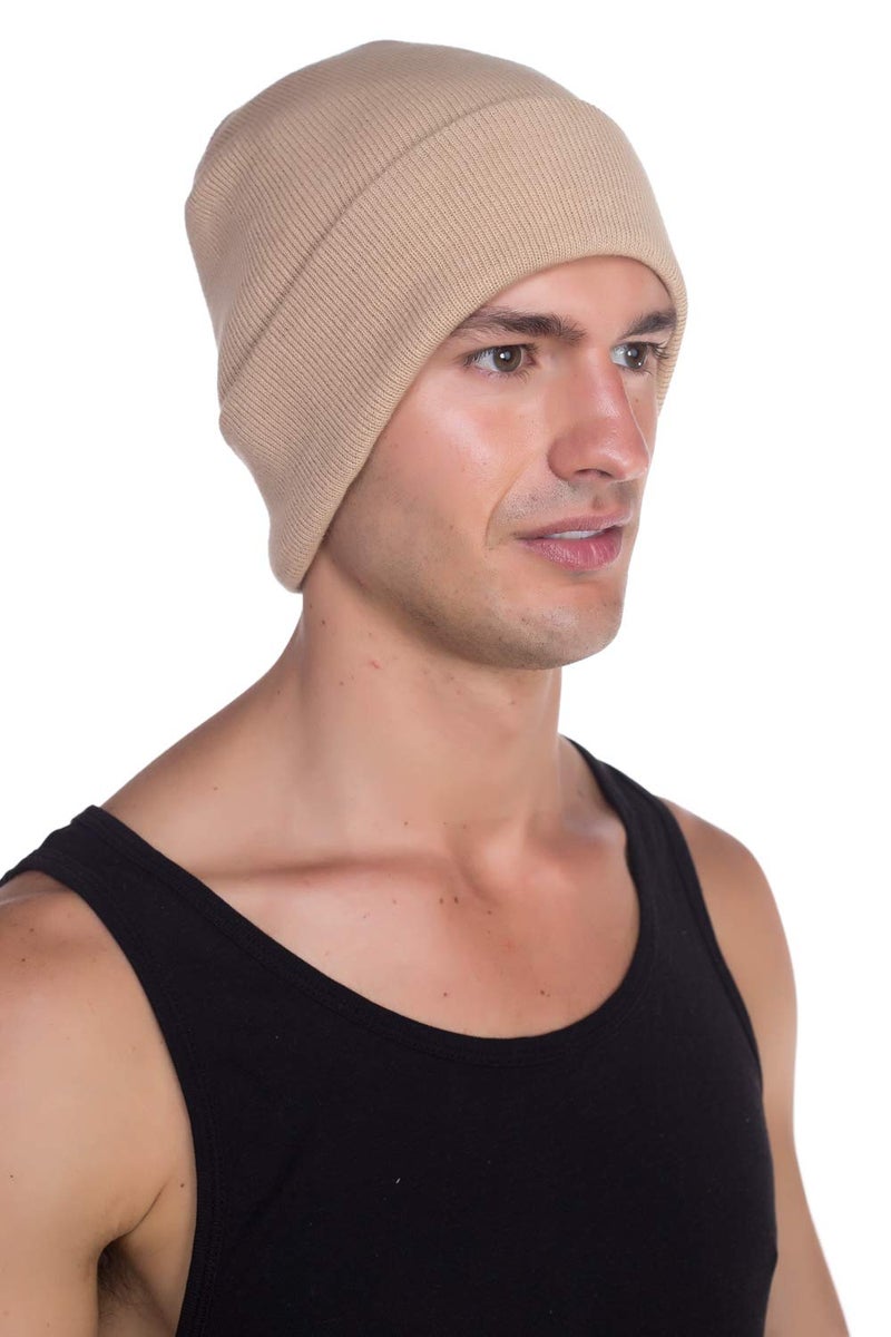 Top Level Beanie Men Women - Unisex Cuffed Plain Skull Knit Hat Cap, Khaki - Image 2